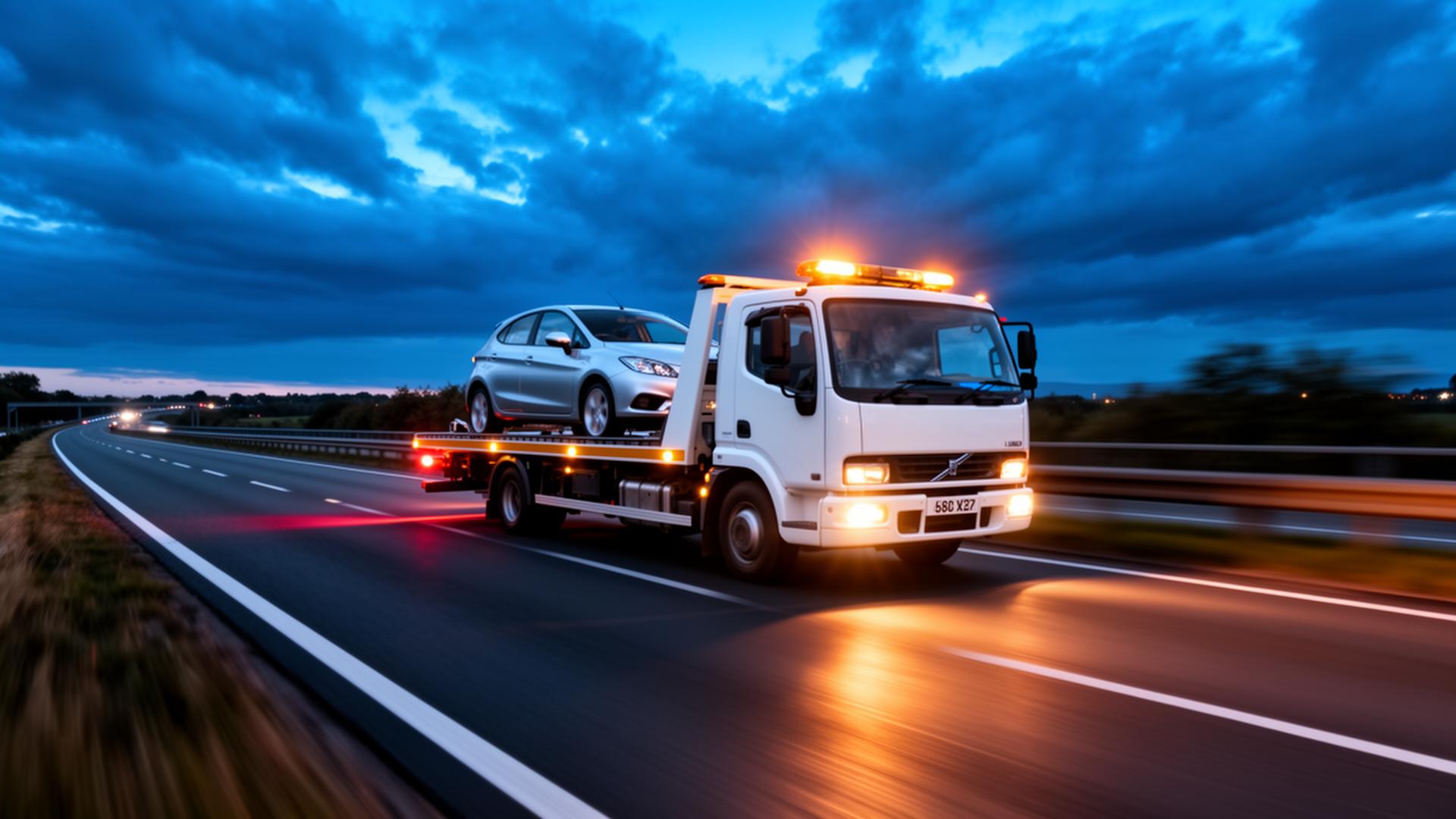 Eagle Recovery Service flatbed tow truck carrying a car on a UK road at dusk