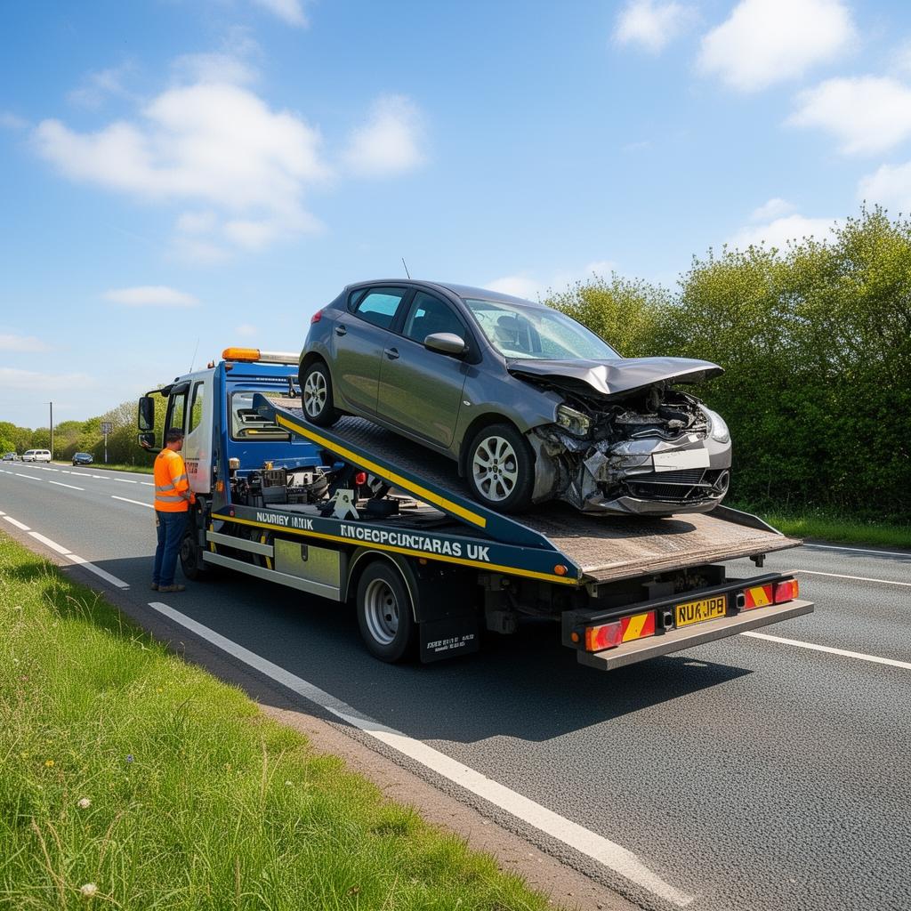 Flatbed tow truck loading a vehicle for recovery